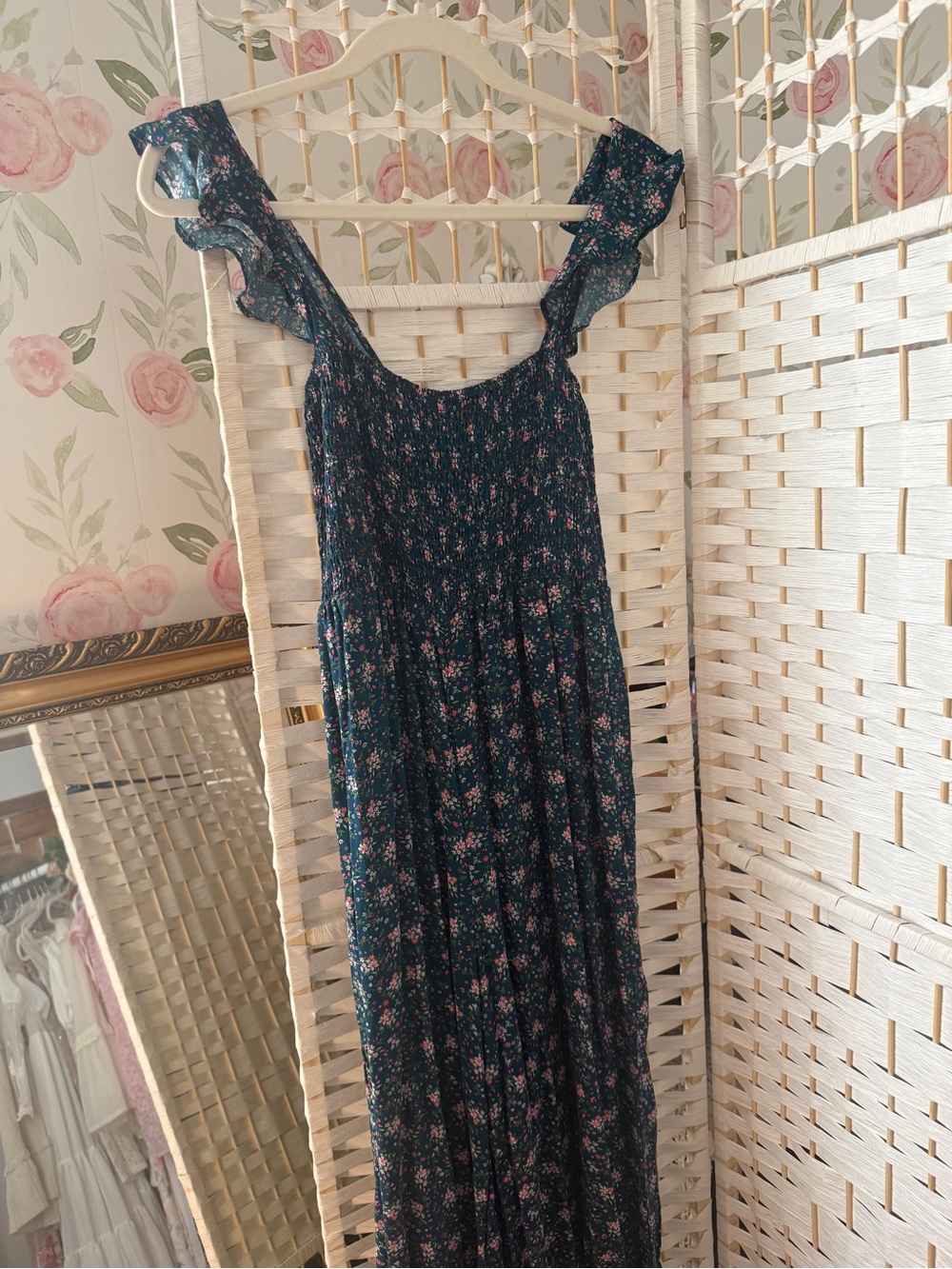 Teal Ditsy Floral Ruffle-Strap Jumpsuit
